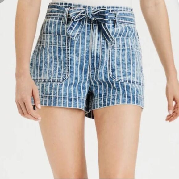 American Eagle High Rise Belted Denim Striped Shorts Women’s 00 - Picture 1 of 5